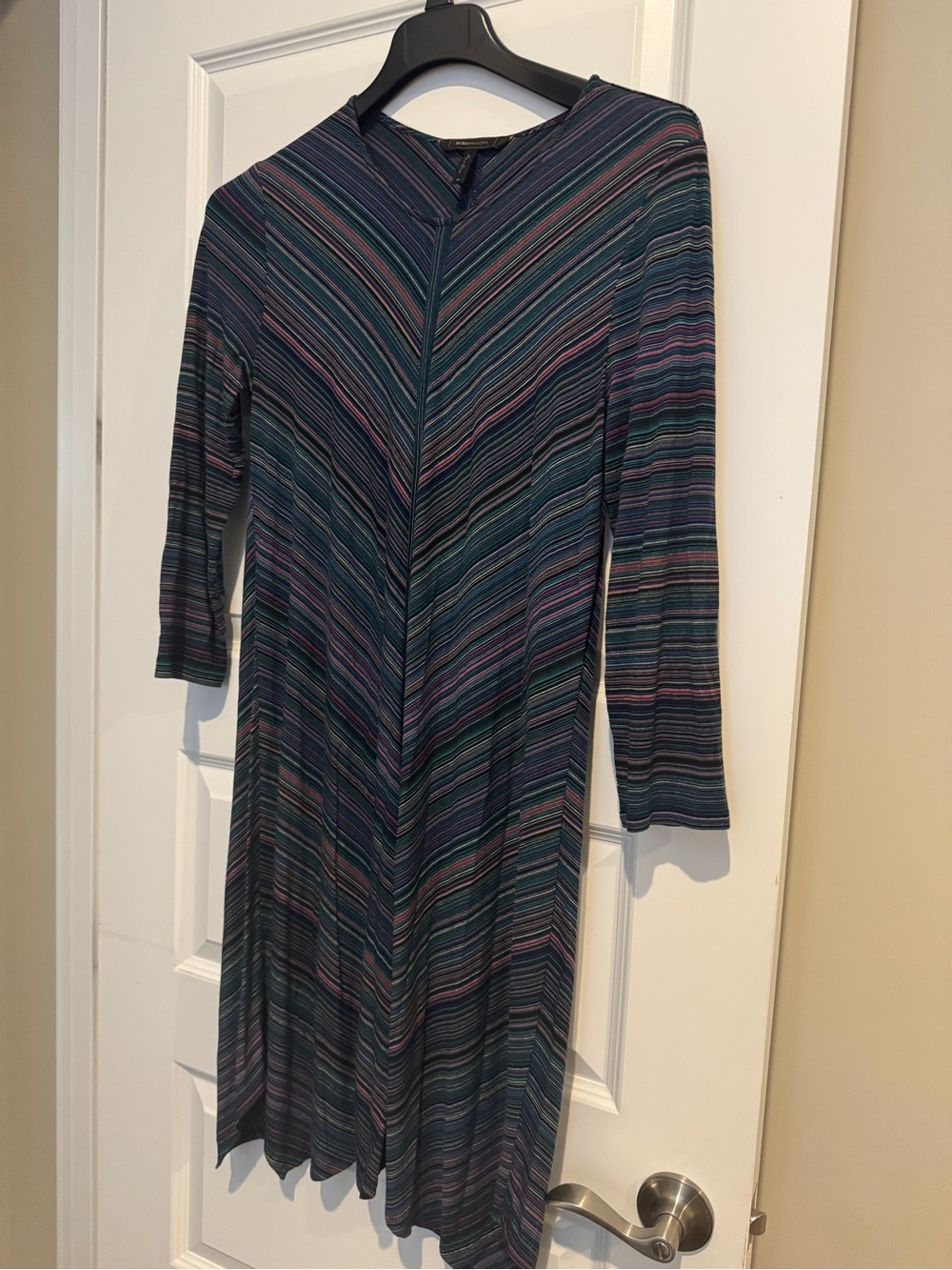 BCBGMaxAzria Navy and Teal Striped Long Sleeve Midi Dress